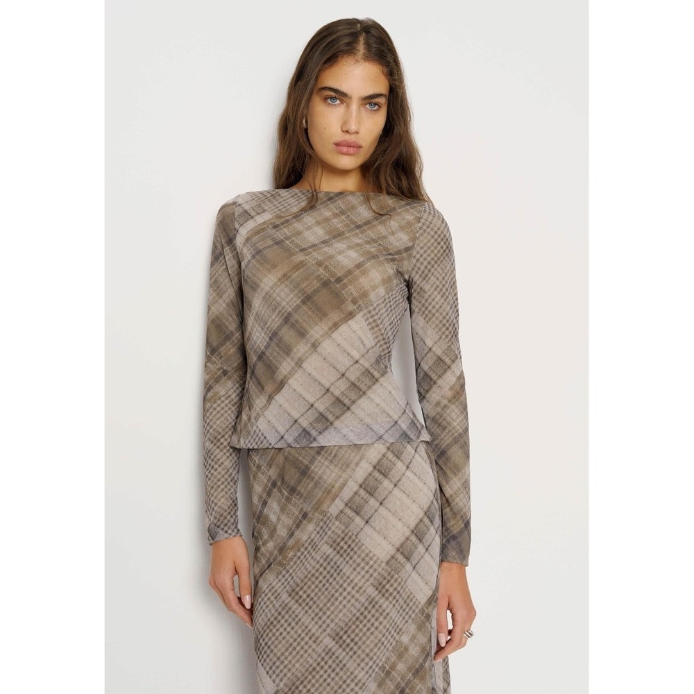 REFORMATION Natural Wiley Knit Top XL Fitted Long Sleeve Top Patchwork Grunge